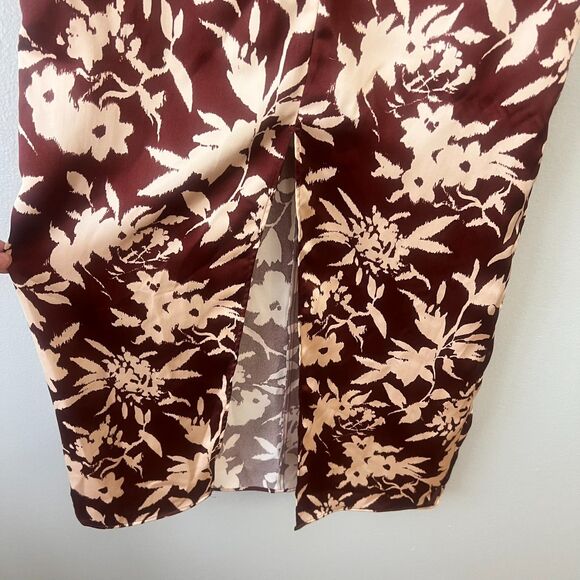 ZARA's Floral Brown/Tan/Red Satin-Effect Midi Straight Skirt Front Slit Size XS - Picture 3 of 10